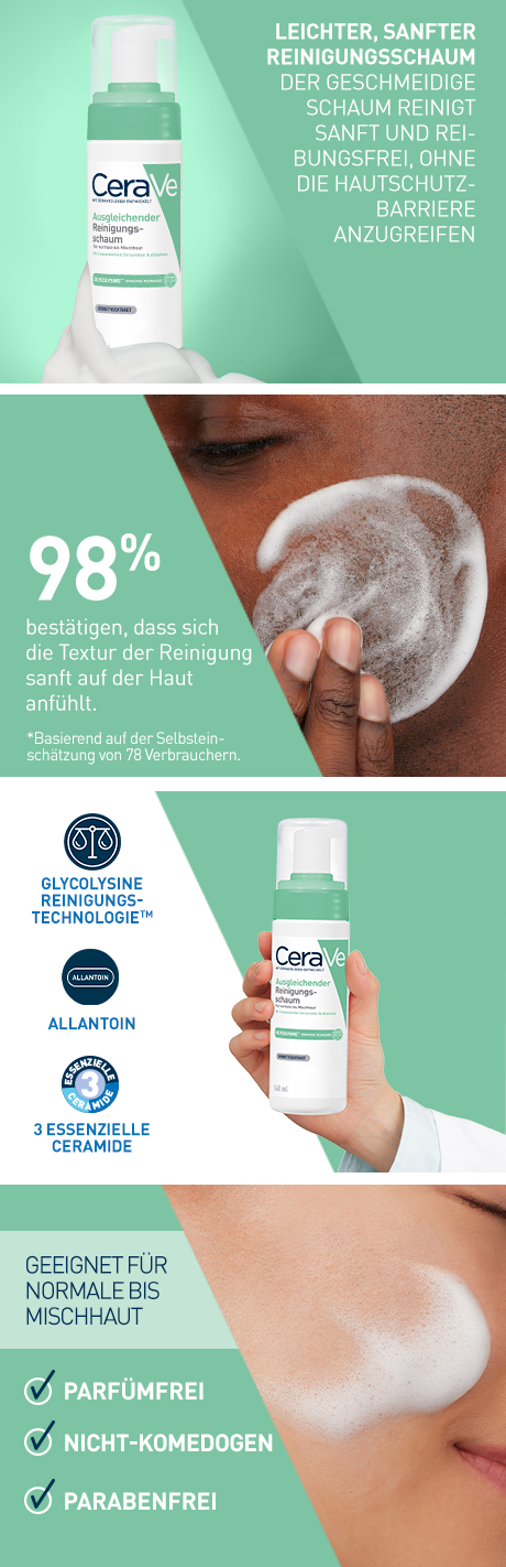 CeraVe Reinigungsschaum. Text, Schaum auf Gesicht. Geeignet für normale bis Mischhaut.